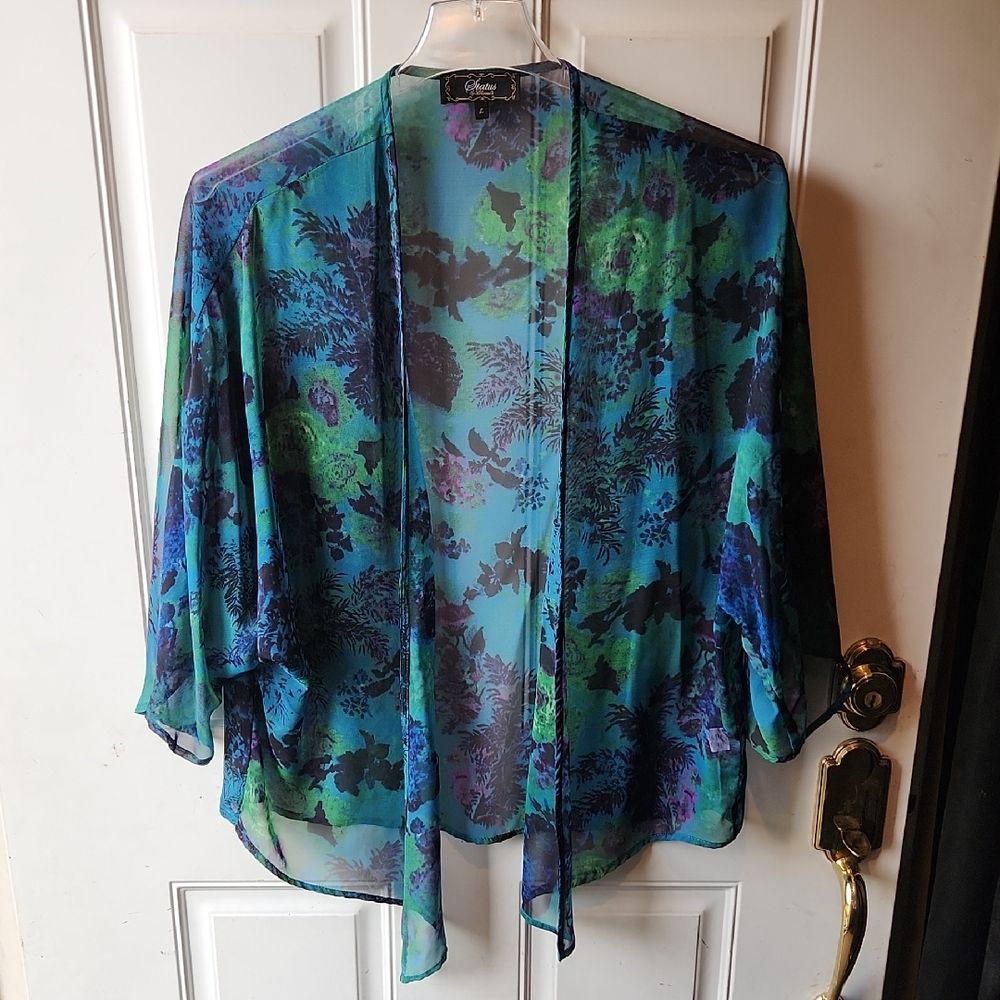 Status By Chenault Sheer Floral Open Front Kimono Cardigan Size L